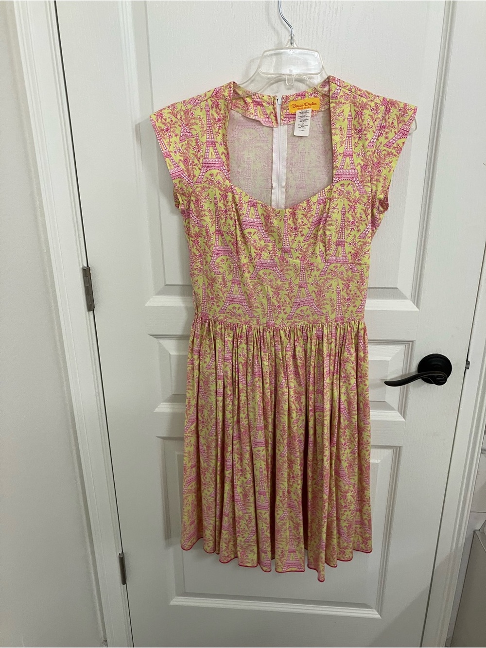 Bernie Dexter Pink and Yellow Eiffel Tower Print Midi Dress